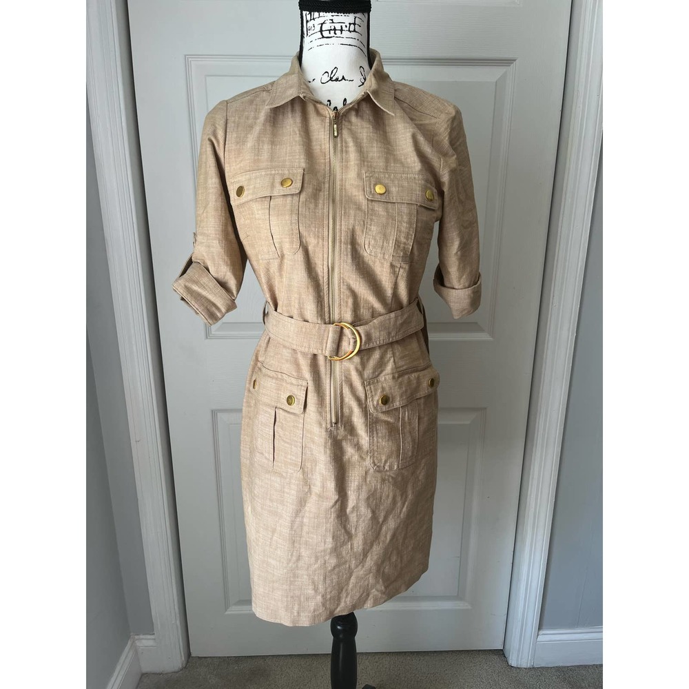 Sharagano Belted Zip Front Shirtdress elbow length Sleeves Khaki size 10P